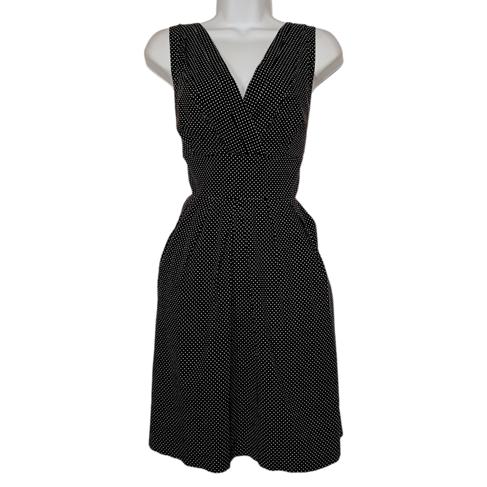 COREY P White Micro Polka Dot Print Black Sleeveless A-Line Dress 10 (Medium)
